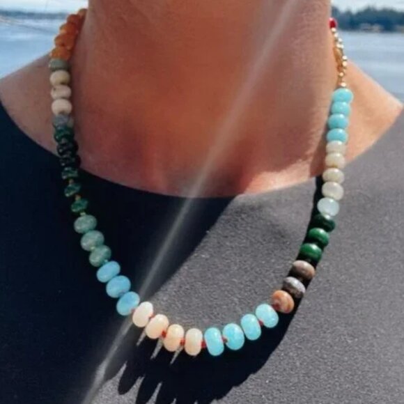 Chunky Beaded Choker waterproof Gold Charm Clasp Colorful Gemstone Necklace CUTE - Picture 2 of 12